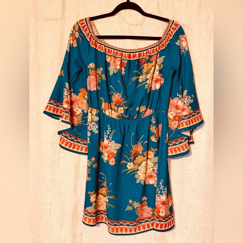Flying Tomato Teal and Coral Floral Long Sleeve Dress